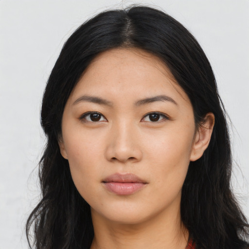 Neutral asian young-adult female with long  black hair and brown eyes