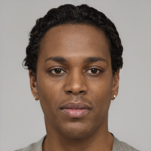 Neutral black young-adult male with short  black hair and brown eyes