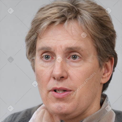 Joyful white middle-aged male with short  brown hair and brown eyes