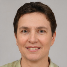 Joyful white adult female with short  brown hair and grey eyes