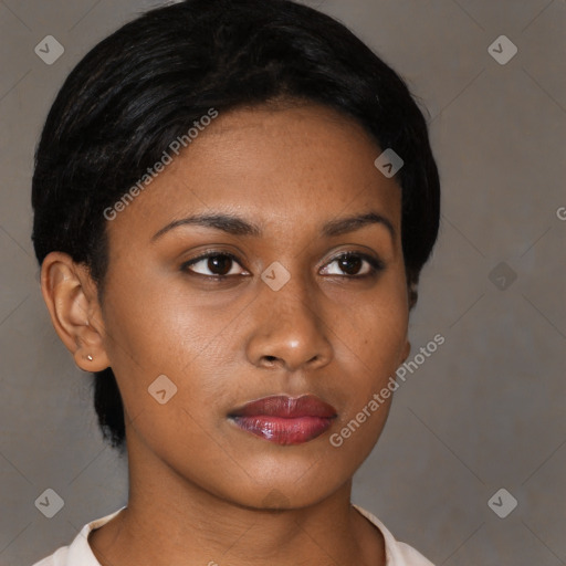 Neutral black young-adult female with short  black hair and brown eyes