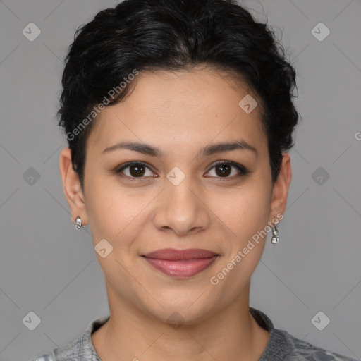 Joyful latino young-adult female with short  brown hair and brown eyes