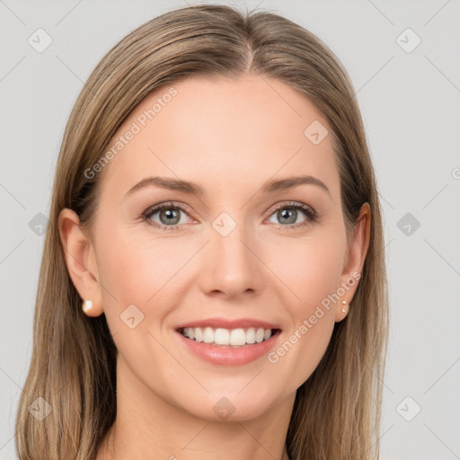 Joyful white young-adult female with long  brown hair and grey eyes