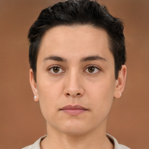 Neutral white young-adult male with short  brown hair and brown eyes