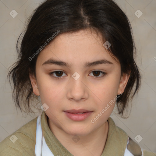 Joyful white child female with medium  brown hair and brown eyes