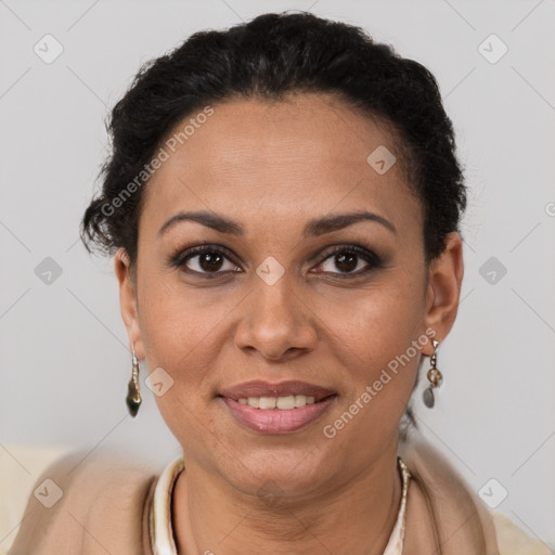 Joyful latino young-adult female with short  brown hair and brown eyes