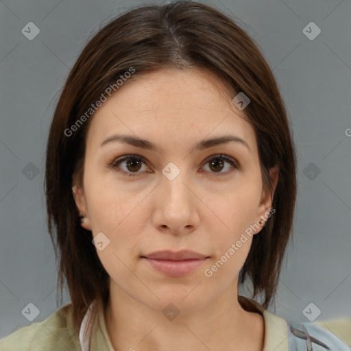 Neutral white young-adult female with medium  brown hair and brown eyes