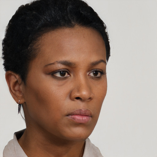 Neutral black young-adult female with short  brown hair and brown eyes
