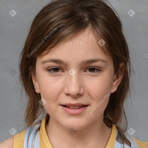 Joyful white child female with medium  brown hair and brown eyes