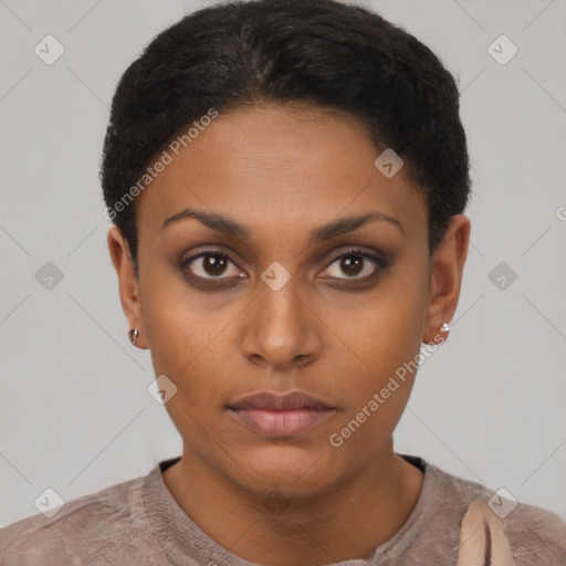 Neutral black young-adult female with short  black hair and brown eyes