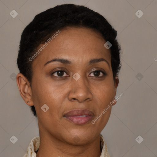 Joyful latino adult female with short  brown hair and brown eyes