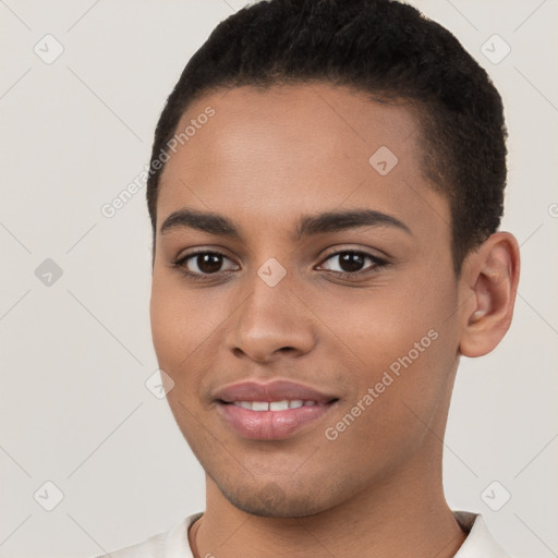 Joyful white young-adult female with short  brown hair and brown eyes