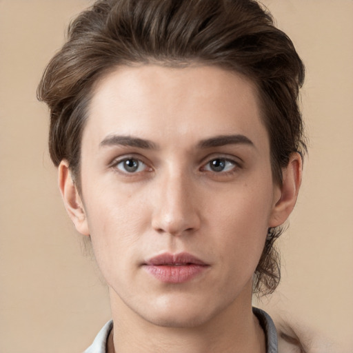 Neutral white young-adult female with short  brown hair and brown eyes