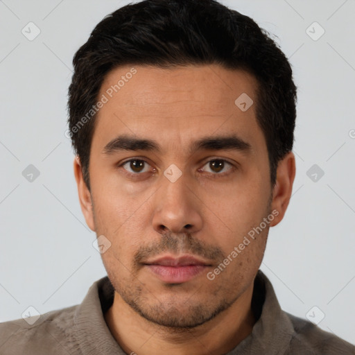 Neutral latino young-adult male with short  black hair and brown eyes