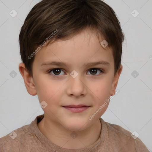 Joyful white child female with short  brown hair and brown eyes