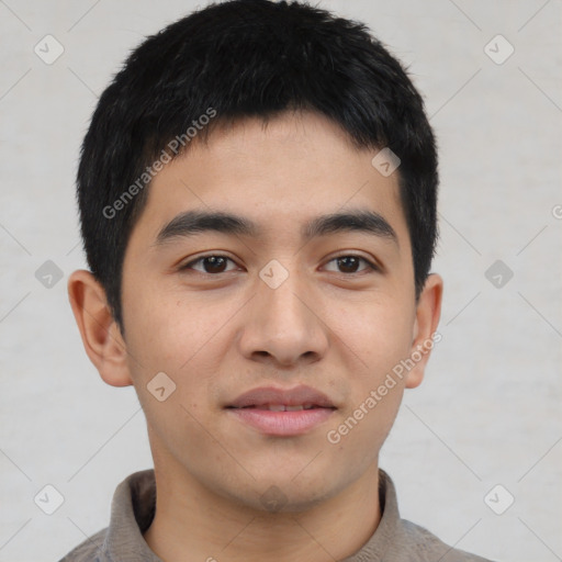 Neutral asian young-adult male with short  black hair and brown eyes