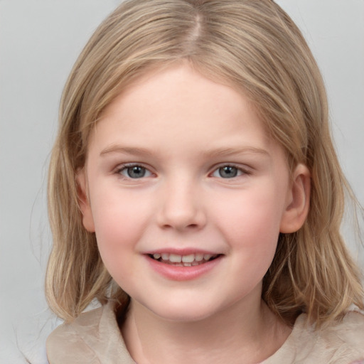 Joyful white child female with medium  brown hair and grey eyes