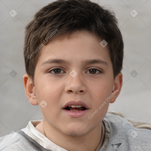 Joyful white child male with short  brown hair and brown eyes