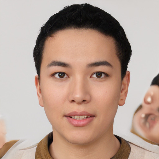 Neutral asian young-adult male with short  black hair and brown eyes