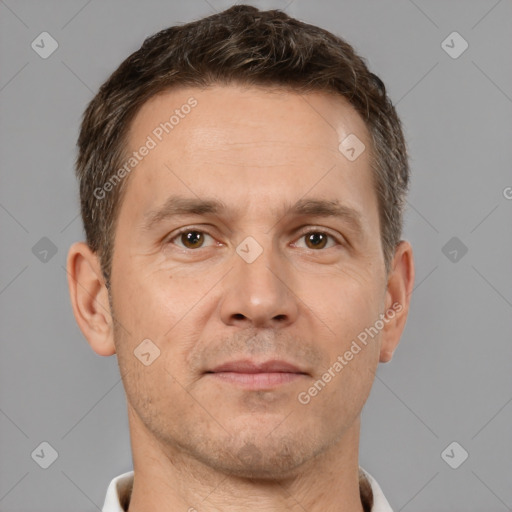 Neutral white adult male with short  brown hair and brown eyes