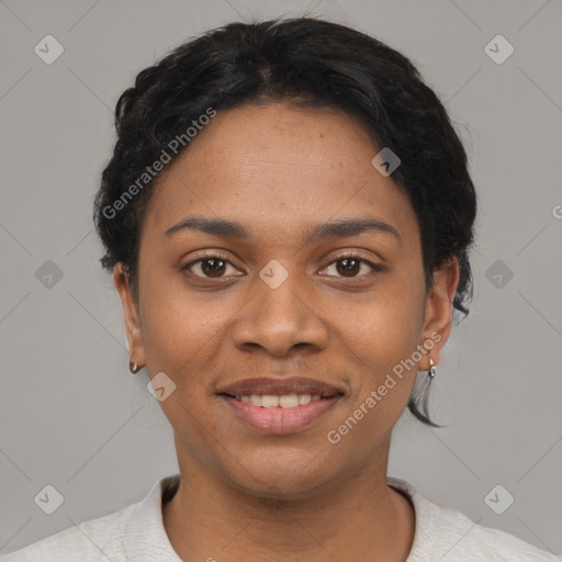 Joyful latino young-adult female with short  black hair and brown eyes