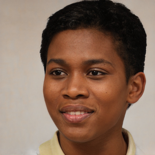 Joyful black young-adult female with short  black hair and brown eyes