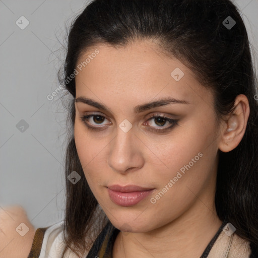 Neutral white young-adult female with long  brown hair and brown eyes