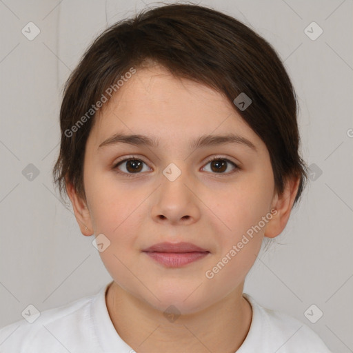 Joyful white child female with medium  brown hair and brown eyes