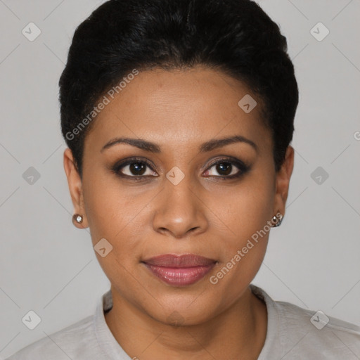 Joyful black young-adult female with short  brown hair and brown eyes