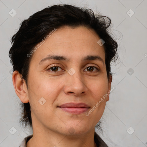 Joyful white adult female with short  brown hair and brown eyes