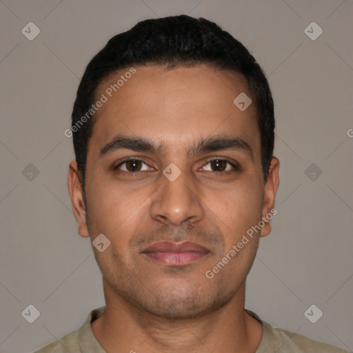 Neutral latino young-adult male with short  black hair and brown eyes