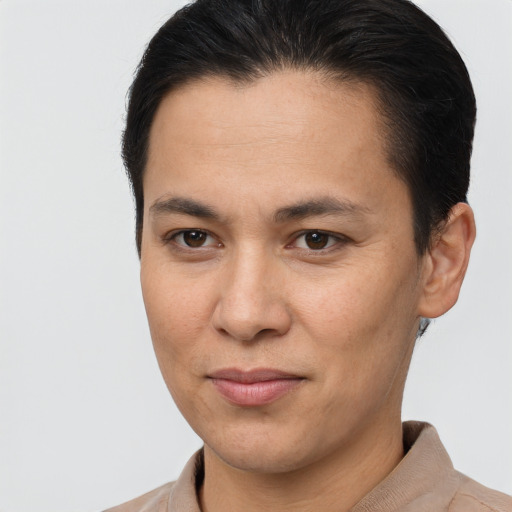 Joyful asian young-adult male with short  brown hair and brown eyes