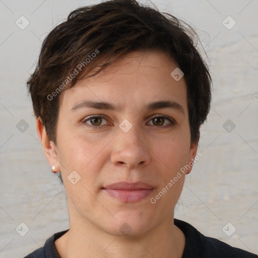 Neutral white young-adult female with short  brown hair and brown eyes