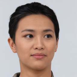 Neutral asian young-adult female with short  black hair and brown eyes