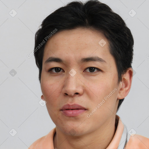 Neutral asian young-adult male with short  black hair and brown eyes