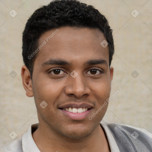 Joyful latino young-adult male with short  brown hair and brown eyes