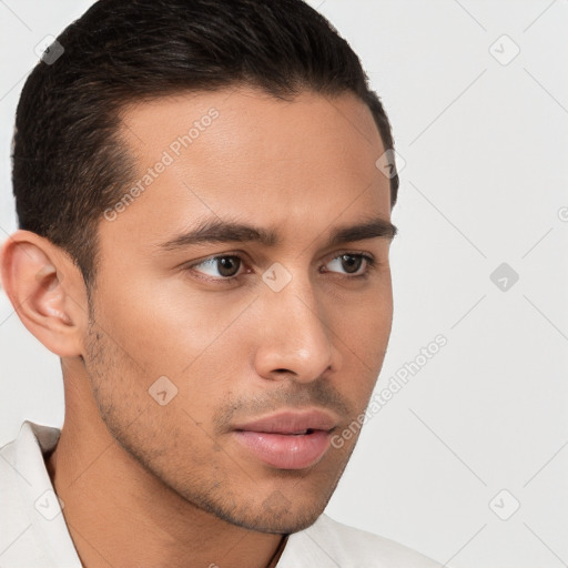 Neutral white young-adult male with short  brown hair and brown eyes