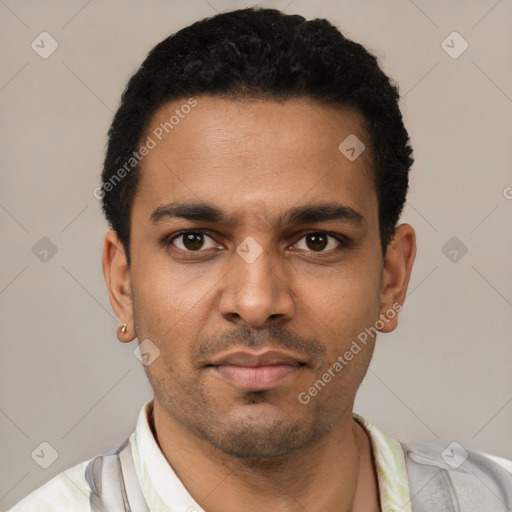 Neutral latino young-adult male with short  black hair and brown eyes