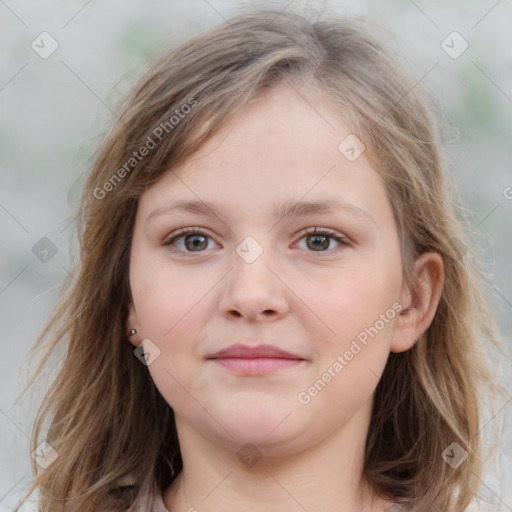 Joyful white child female with medium  brown hair and grey eyes