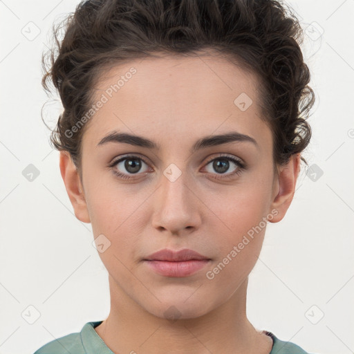 Neutral white young-adult female with short  brown hair and brown eyes