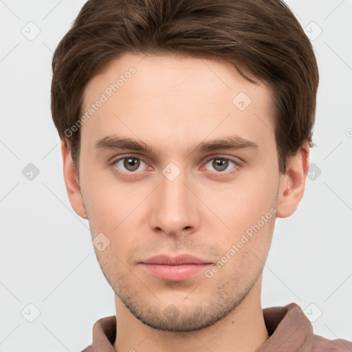 Neutral white young-adult male with short  brown hair and brown eyes