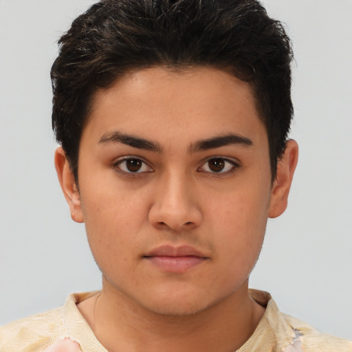 Neutral white young-adult female with short  brown hair and brown eyes