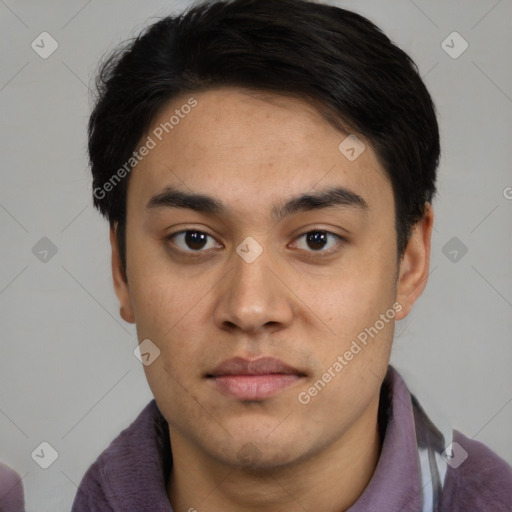 Neutral asian young-adult male with short  black hair and brown eyes