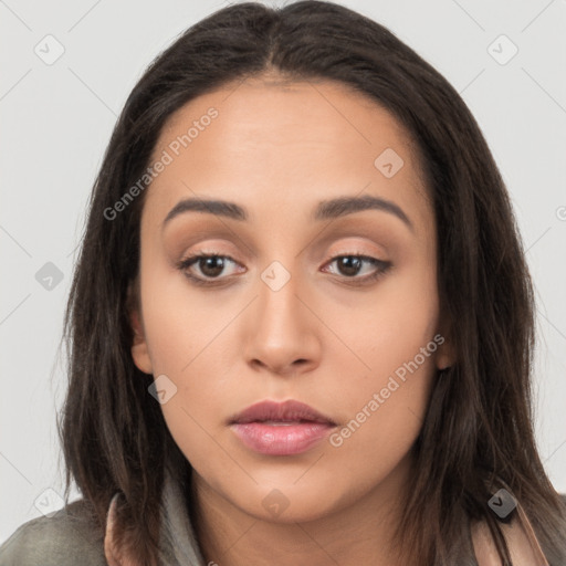 Neutral white young-adult female with long  brown hair and brown eyes