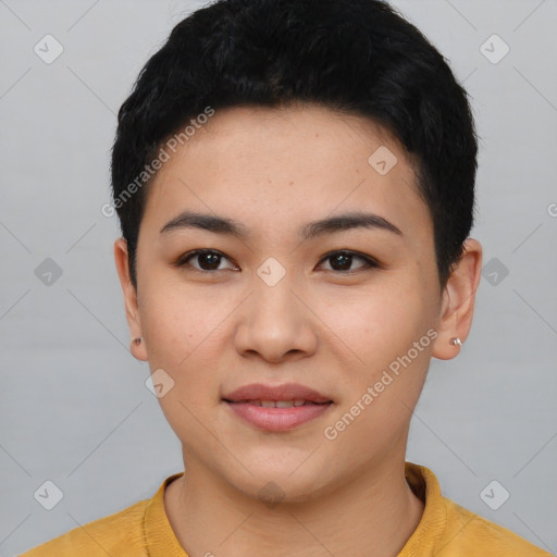 Joyful asian young-adult female with short  black hair and brown eyes