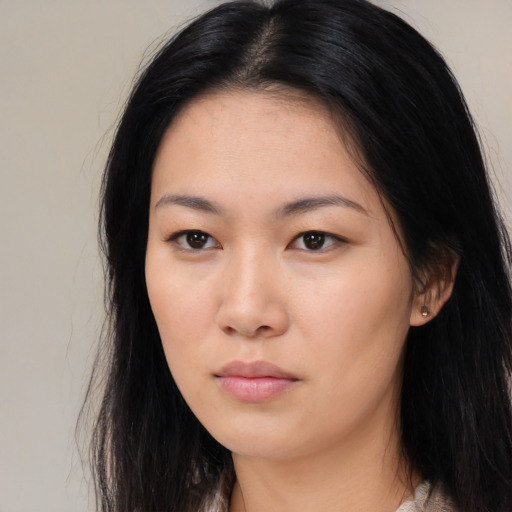 Neutral asian young-adult female with long  black hair and brown eyes