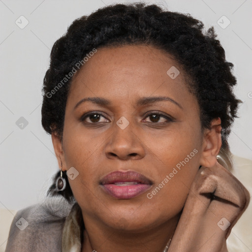 Joyful black adult female with short  brown hair and brown eyes