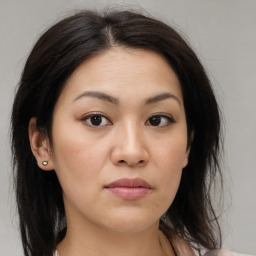 Neutral asian young-adult female with medium  brown hair and brown eyes