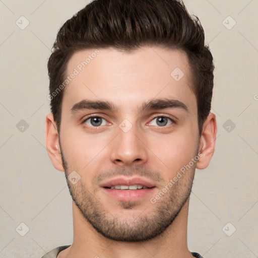 Neutral white young-adult male with short  brown hair and brown eyes