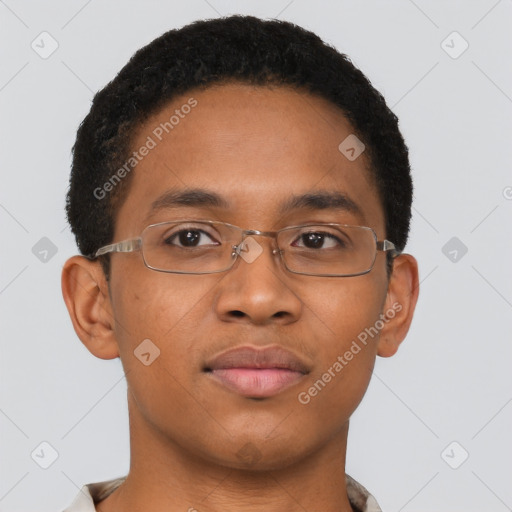 Neutral black young-adult male with short  brown hair and brown eyes